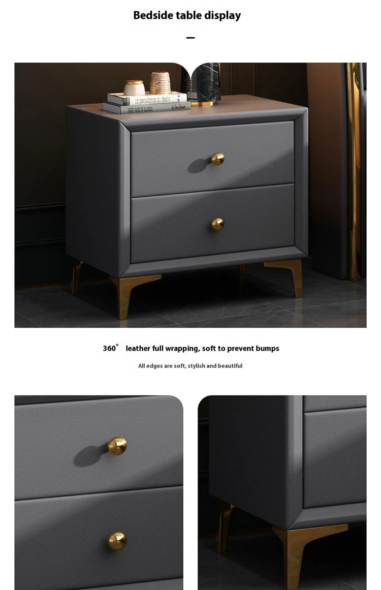 Gray bedside table with gold handles on a dark background