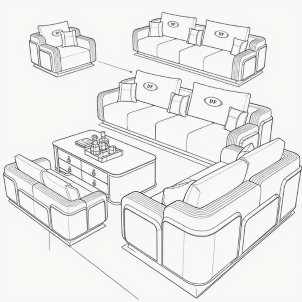 Contemporary villa white faux leather sofa set design with gold metal frame and wood veneer accents.