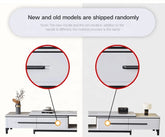 Two white TV stands with black handles, one highlighted with a red circle, on a white background.