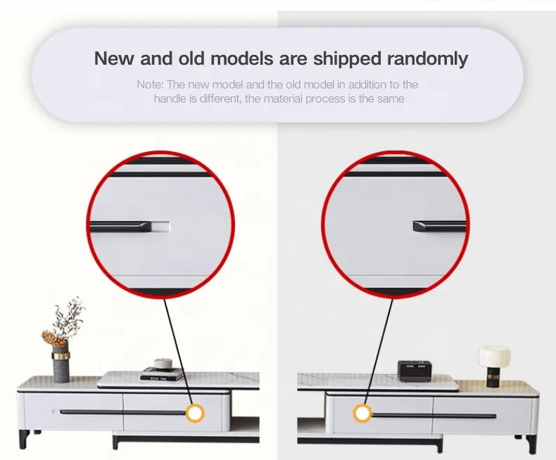 Comparison of new and old models of Nordic Marble Top Coffee Table highlighting different handles.