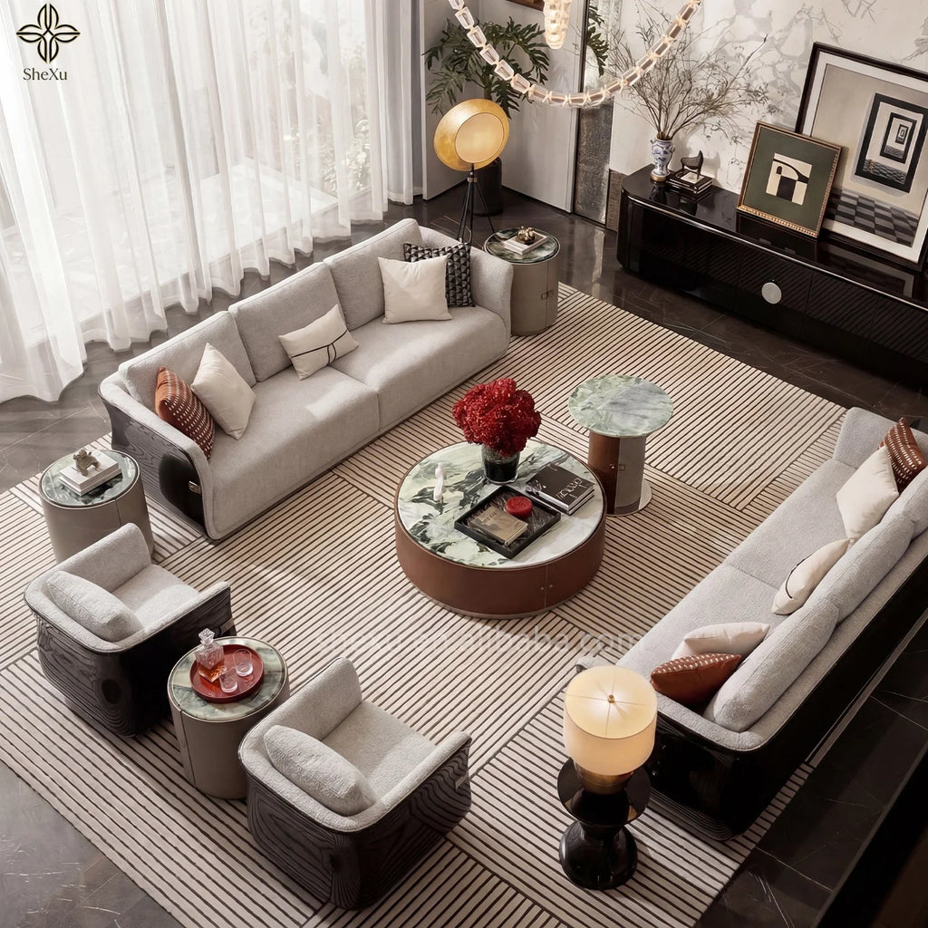 Luxurious fabric sofa set for villa in stylish living room with elegant design and comfort.