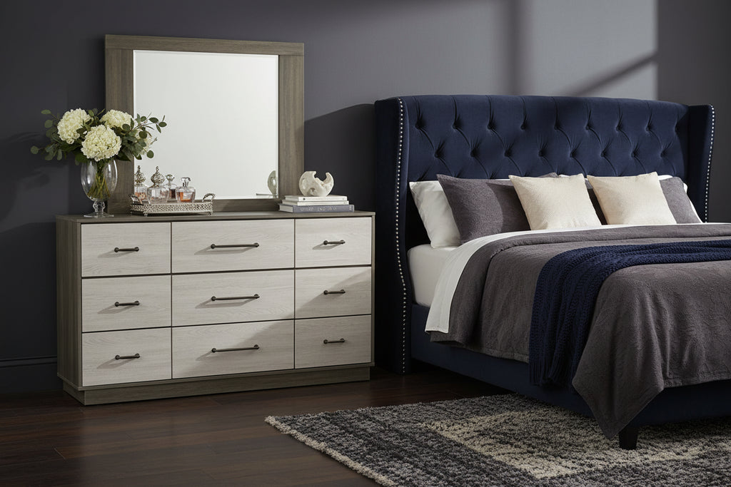 Modern bedroom set with platform bed featuring elegant dresser and stylish mirror.