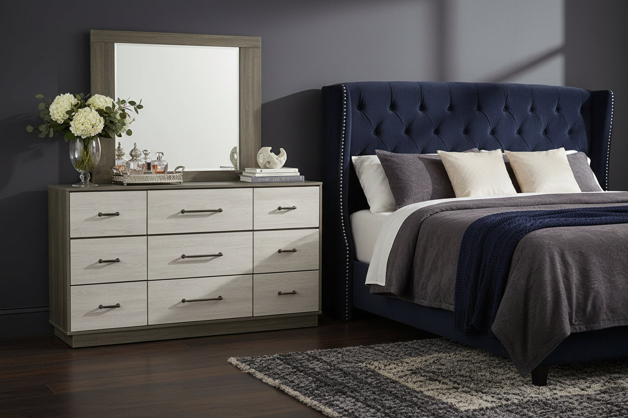 Modern bedroom set with platform bed featuring elegant dresser and stylish mirror.