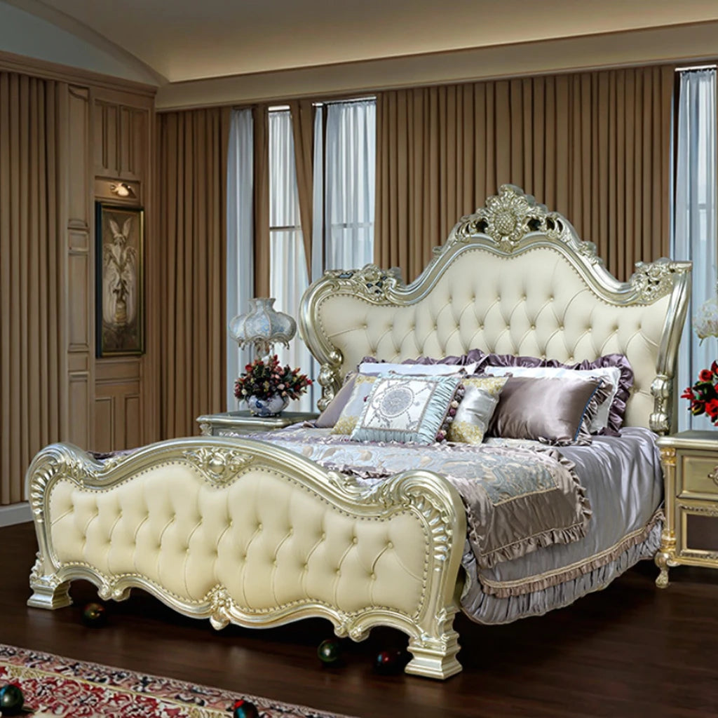 European style solid wood bed with ornate detailing and luxurious upholstery in a villa master bedroom.
