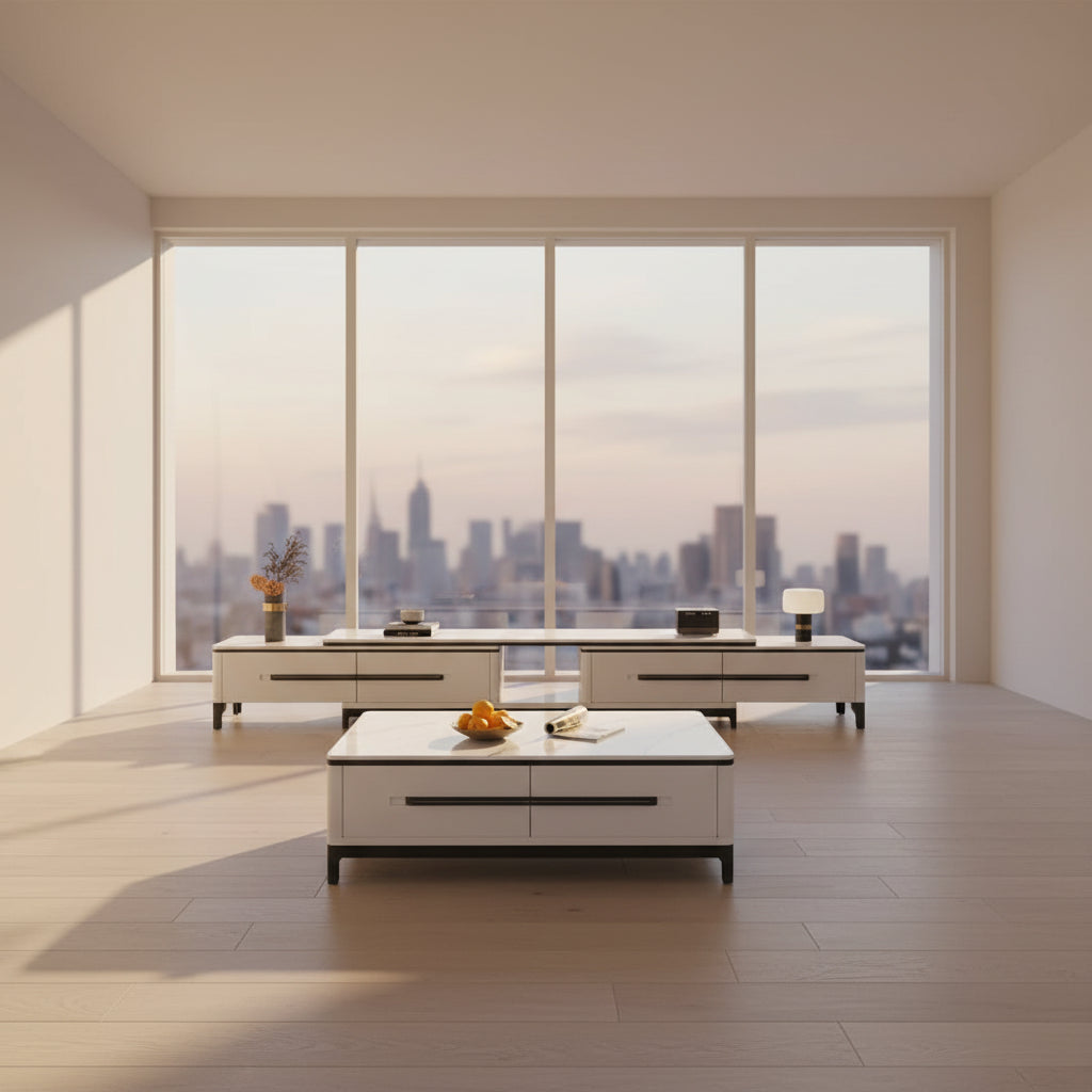 Modern living room featuring a Nordic Minimalist Marble Top Coffee Table and stylish foldable furniture.