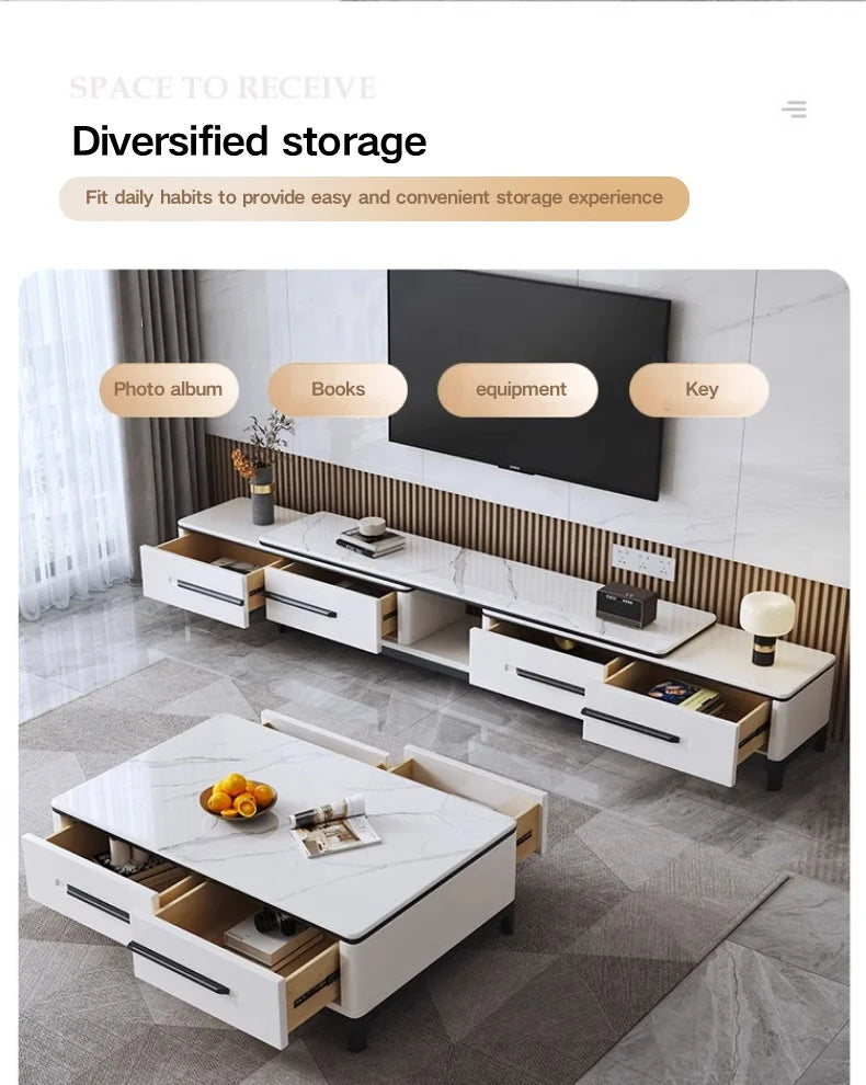 Nordic Minimalist Marble Top Coffee Table with diversified storage options and a modern design for living spaces.