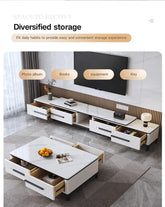 Modern living room setup with a TV and storage units.