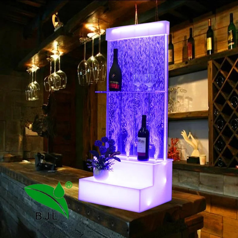 Acrylic water bubble bar cabinet with LED lights, three shelves displaying bottles, and purple illumination.