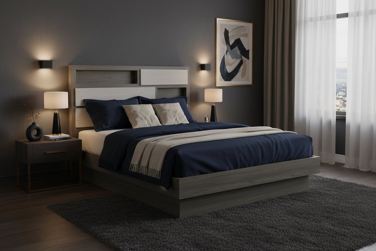 Modern bedroom set with platform bed featuring a stylish design, navy bedding, and elegant bedside lamps.
