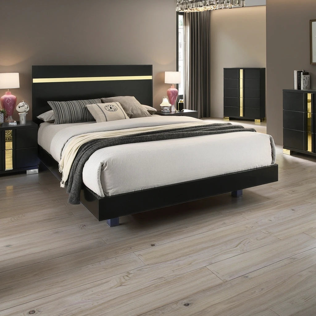 modern king bedroom set with LED lighting featuring black and gold accents, two nightstands, and elegant decor