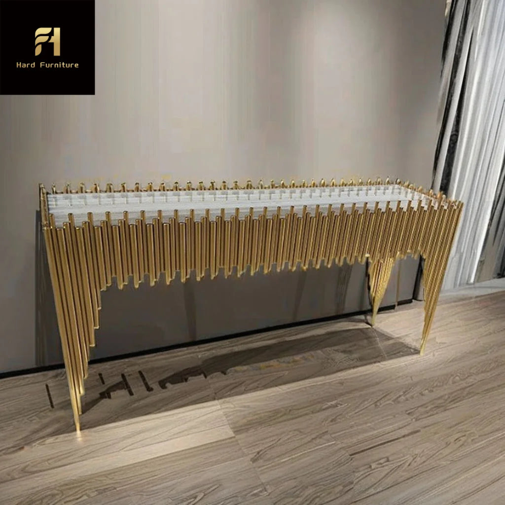 Gold titanium marble console table with geometric design and elegant marble top.