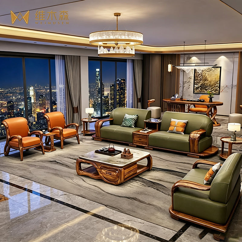 Ebony Solid Wood Villa Leather Sofa