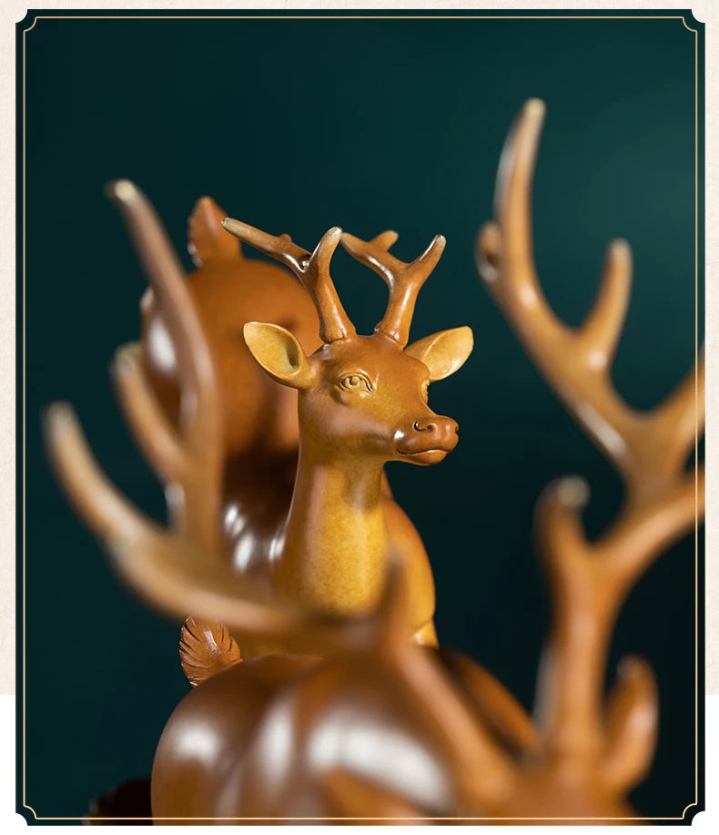 Hand-Engraved Brass Fu Lu Shou Deer Sculpture | Limited Edition Auspicious Art
