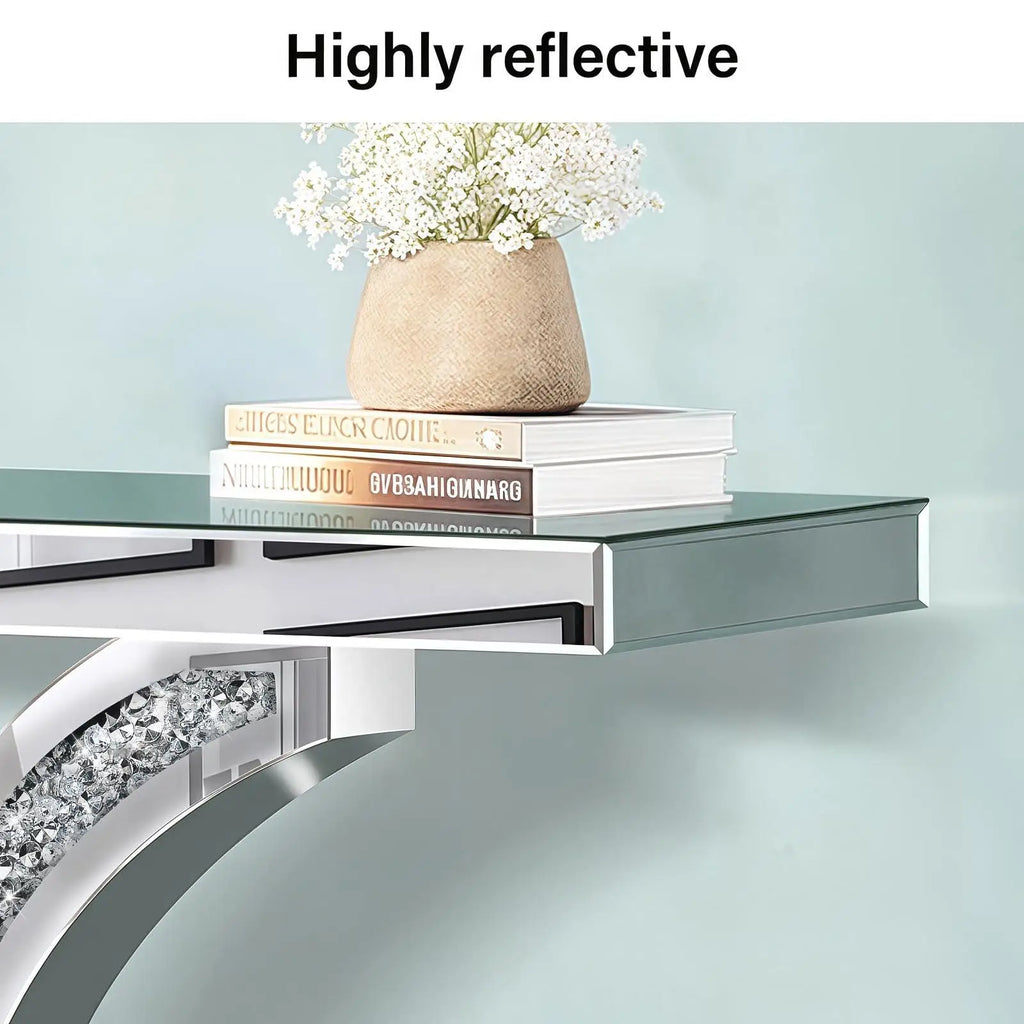 Silver Mirrored Console Table | Diamond-Crushed Glass | Hallway & Entryway | 100cm with floral arrangement and books on top