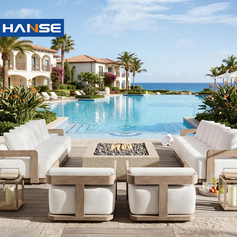 Luxury Outdoor Sectional Sofa Set — Rattan, Teak & Fire Pit