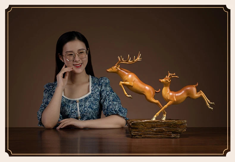 Hand-Engraved Brass Fu Lu Shou Deer Sculpture | Limited Edition Auspicious Art