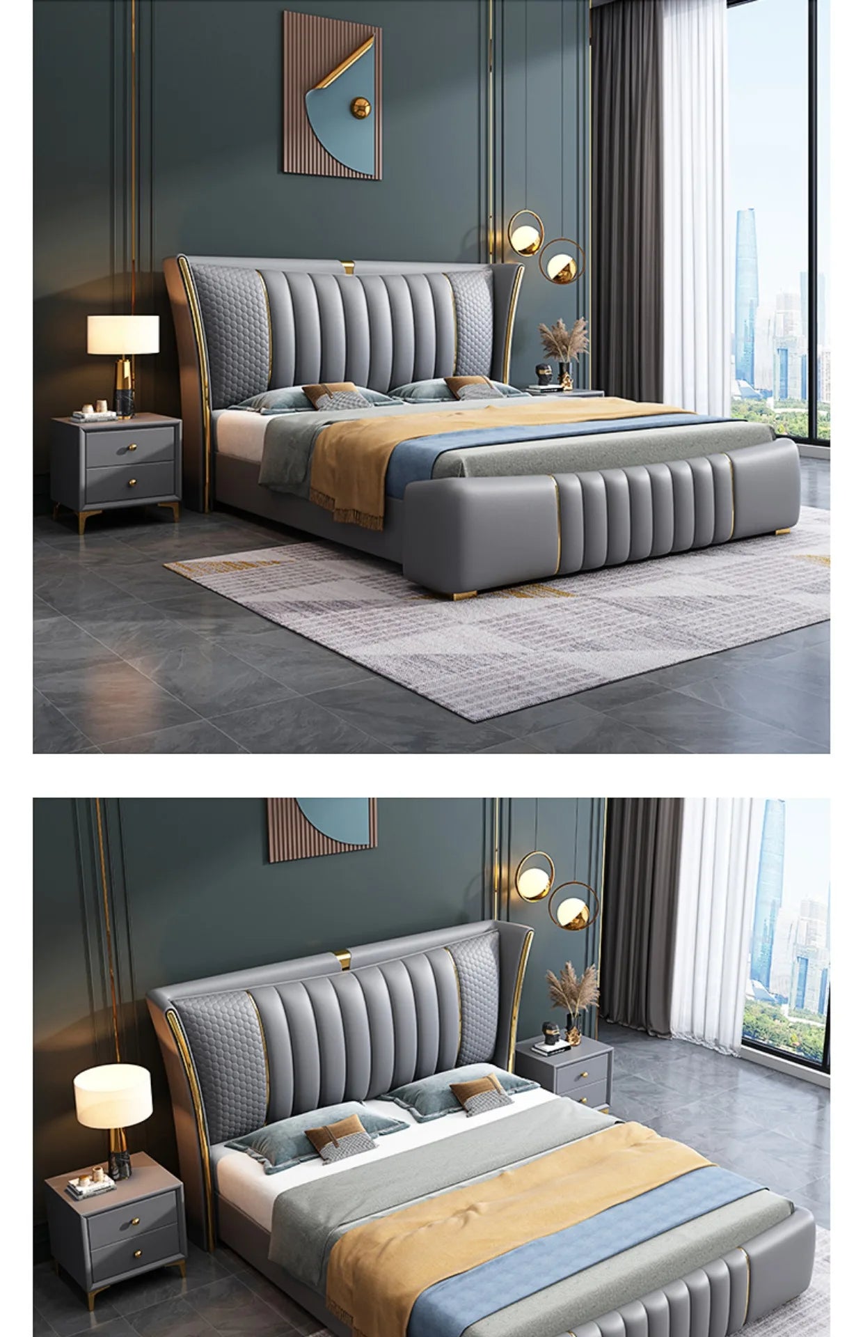 Gray upholstered bed with gold accents in a modern bedroom setting.