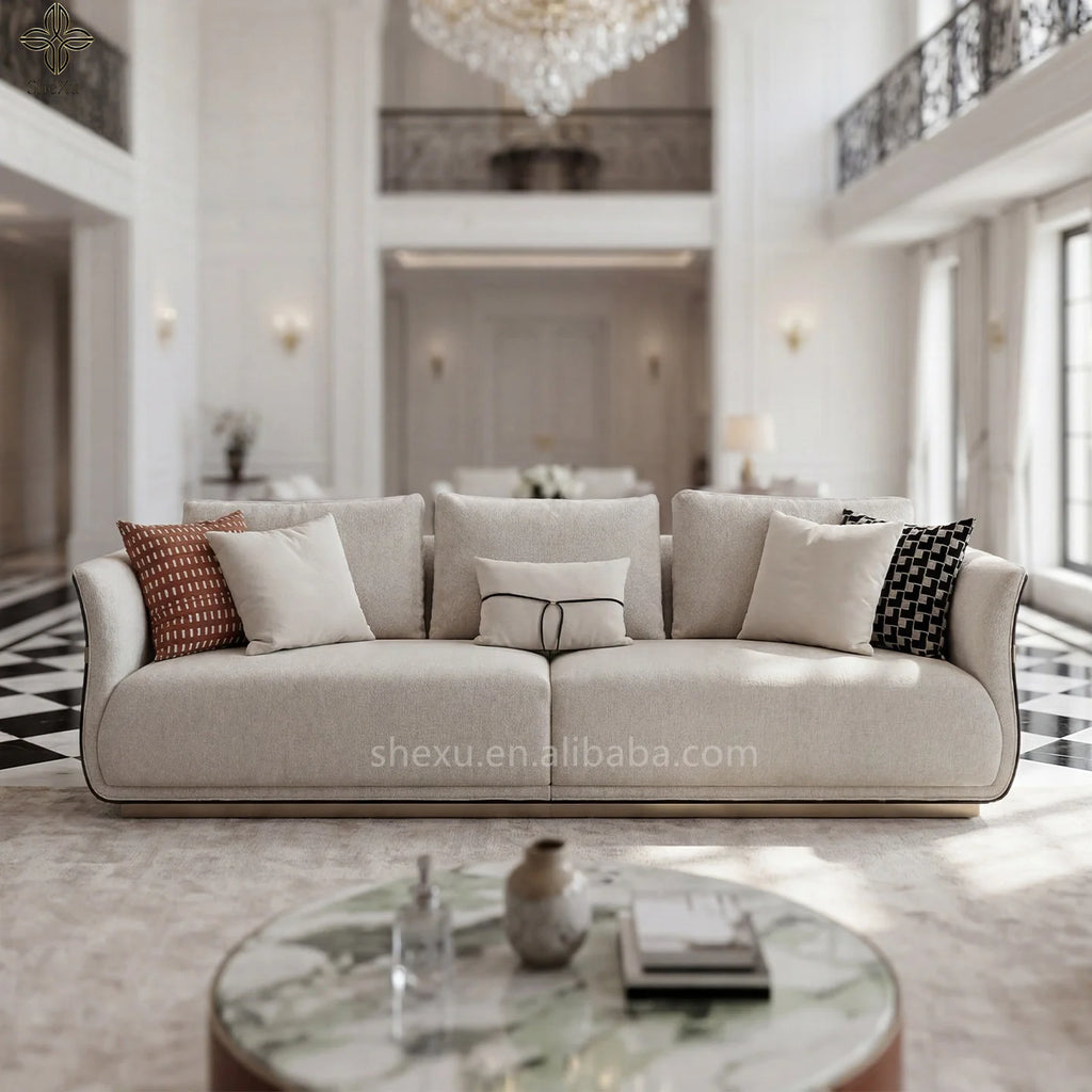 Luxurious fabric sofa set for villa in elegant living room with plush seating and decorative pillows.