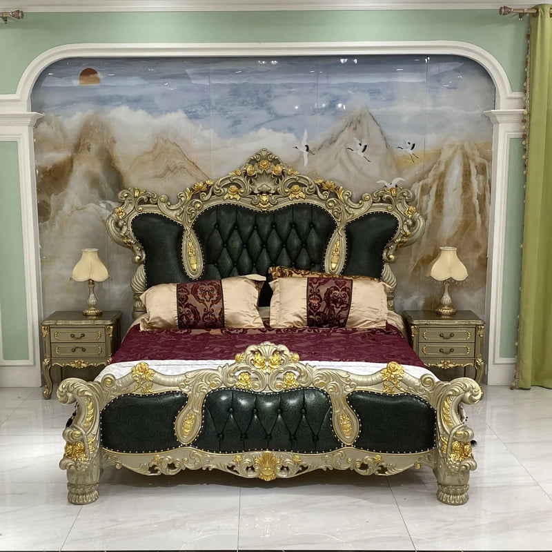 Handmade royal bed solid oak leather with ornate headboard and luxurious detailing in a master bedroom setting.