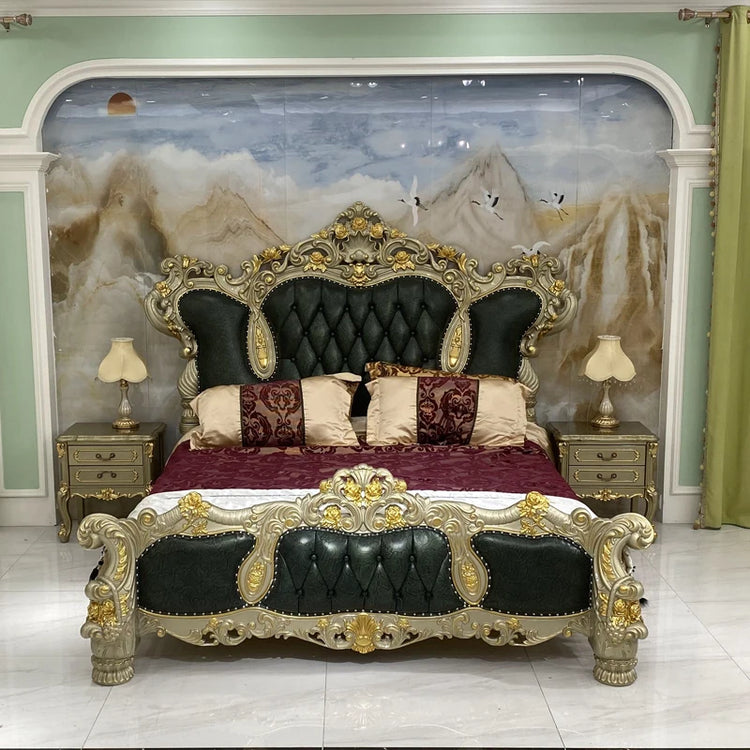 Luxurious bedroom with an ornate bed, nightstands, and decorative pillows.