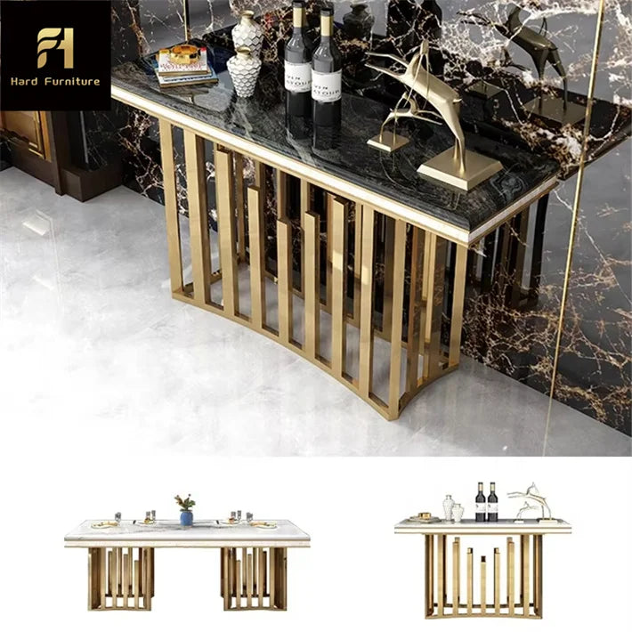 Gold stainless steel marble console table with sleek design, featuring a black marble top and gold frame, perfect for hallways.