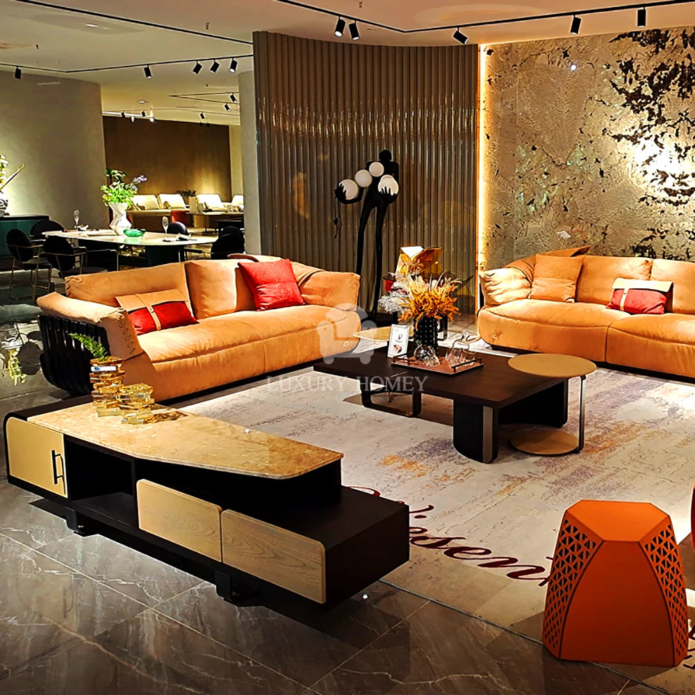 Elegant living room featuring a velvet square sofa bed set in a plush orange finish and modern decor accents.