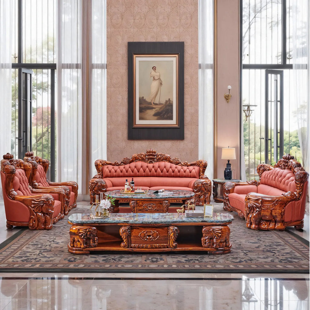 European black gold leather sofa set in an elegant living room setting with ornate wood details.