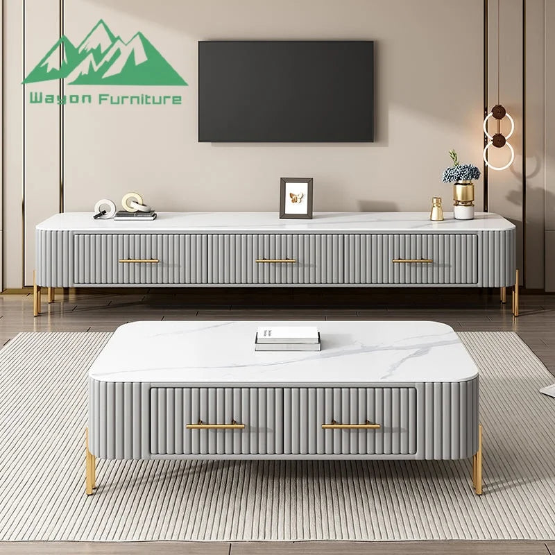 Modern living room with a Wagon Furniture TV stand and coffee table.