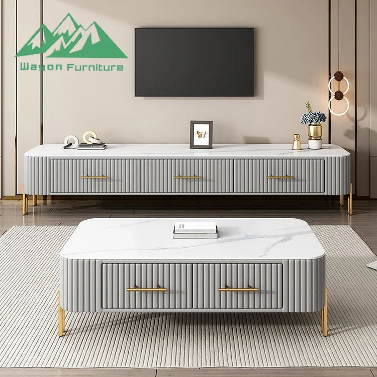 Modern living room with a Wagon Furniture TV stand and coffee table.