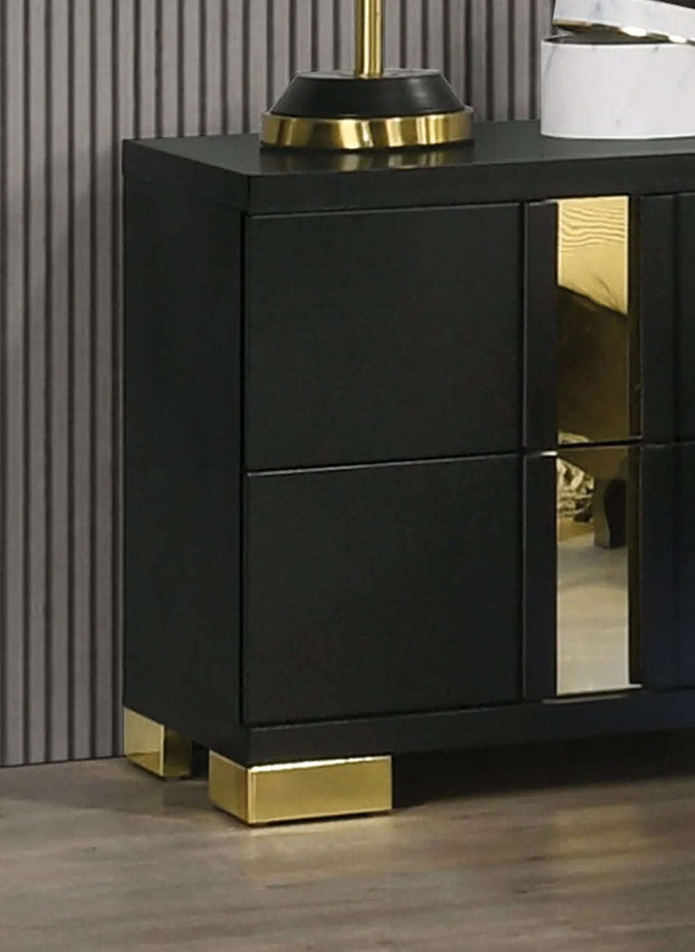 Modern king bedroom set with LED lighting featuring stylish black and gold nightstand with acrylic trim.