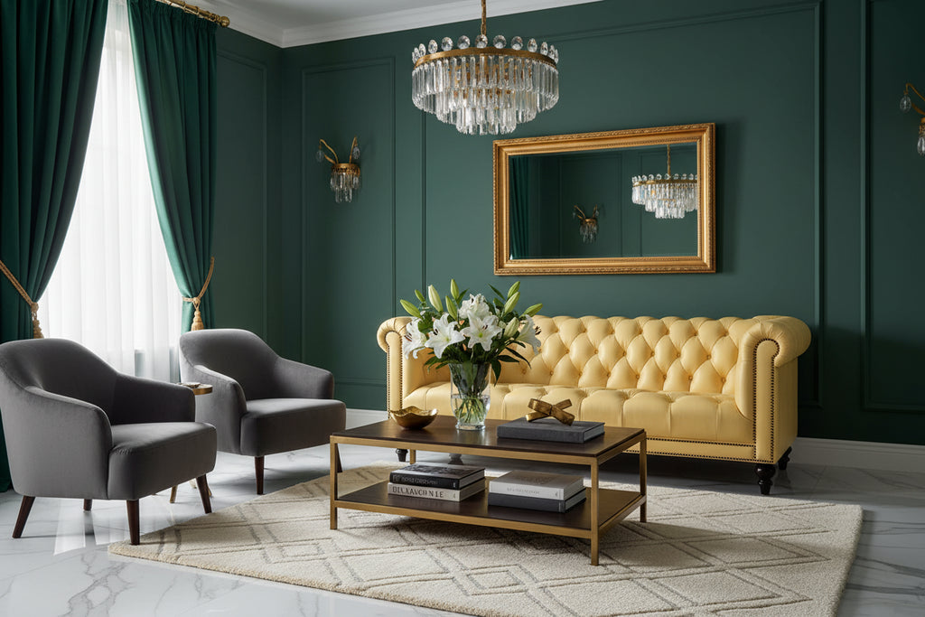 A classic Chesterfield-style sofa upholstered in pale yellow leather, with 2 gray accent chairs in a luxury living room setting with coffee table on a beige rug with home decor accents 