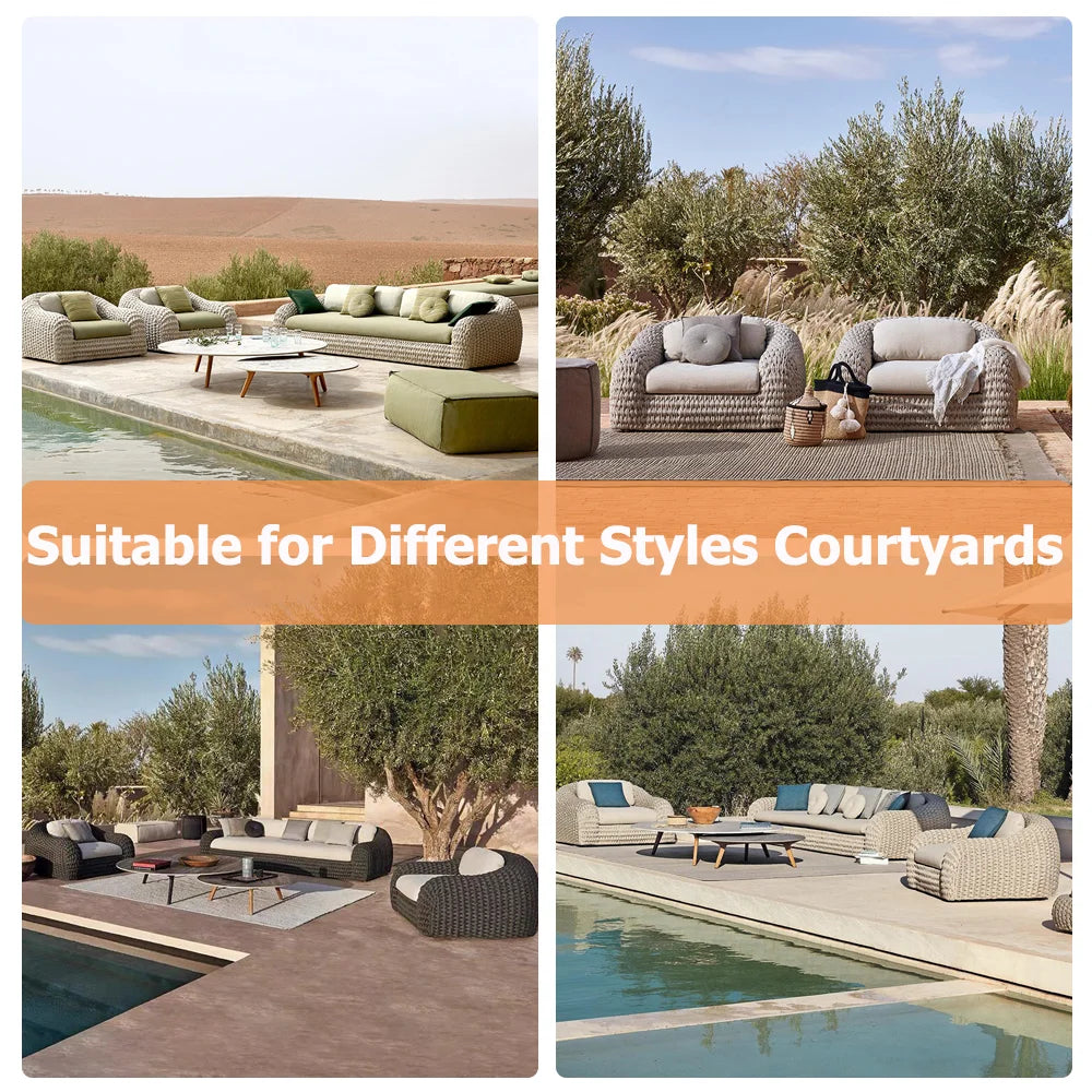 custom rainproof outdoor sofa set showcased in different style courtyards by a poolside.