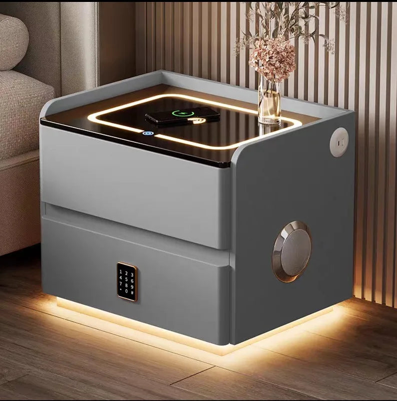 Smart Nightstand with LED Lighting, Wireless Charging, USB & Bluetooth Speaker | 3 Sizes | 4 Colors in modern bedroom decor.