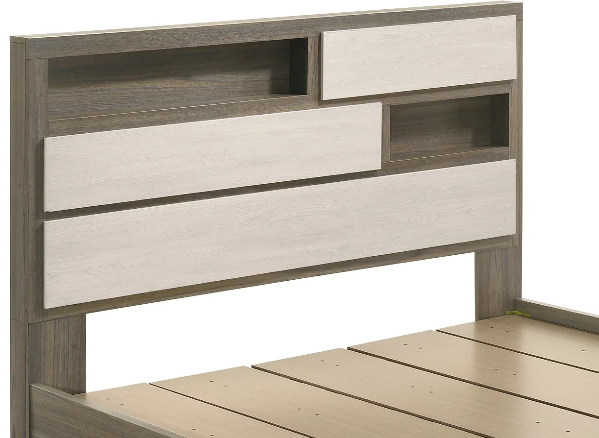 Modern bedroom set with platform bed featuring a sleek headboard with stylish storage compartments.