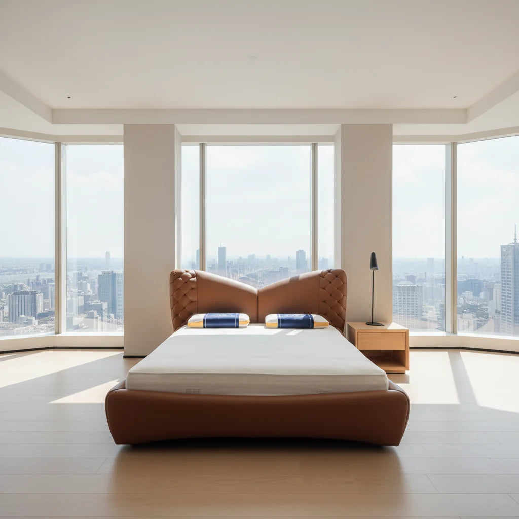 Luxury upholstered storage bed with massage feature in modern bedroom with panoramic city views.