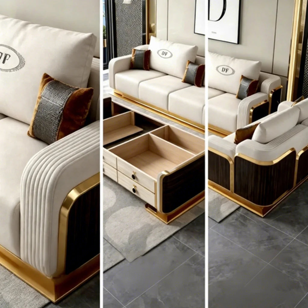 Contemporary villa white faux leather sofa set with gold metal frame and wood veneer accents in a modern living room.