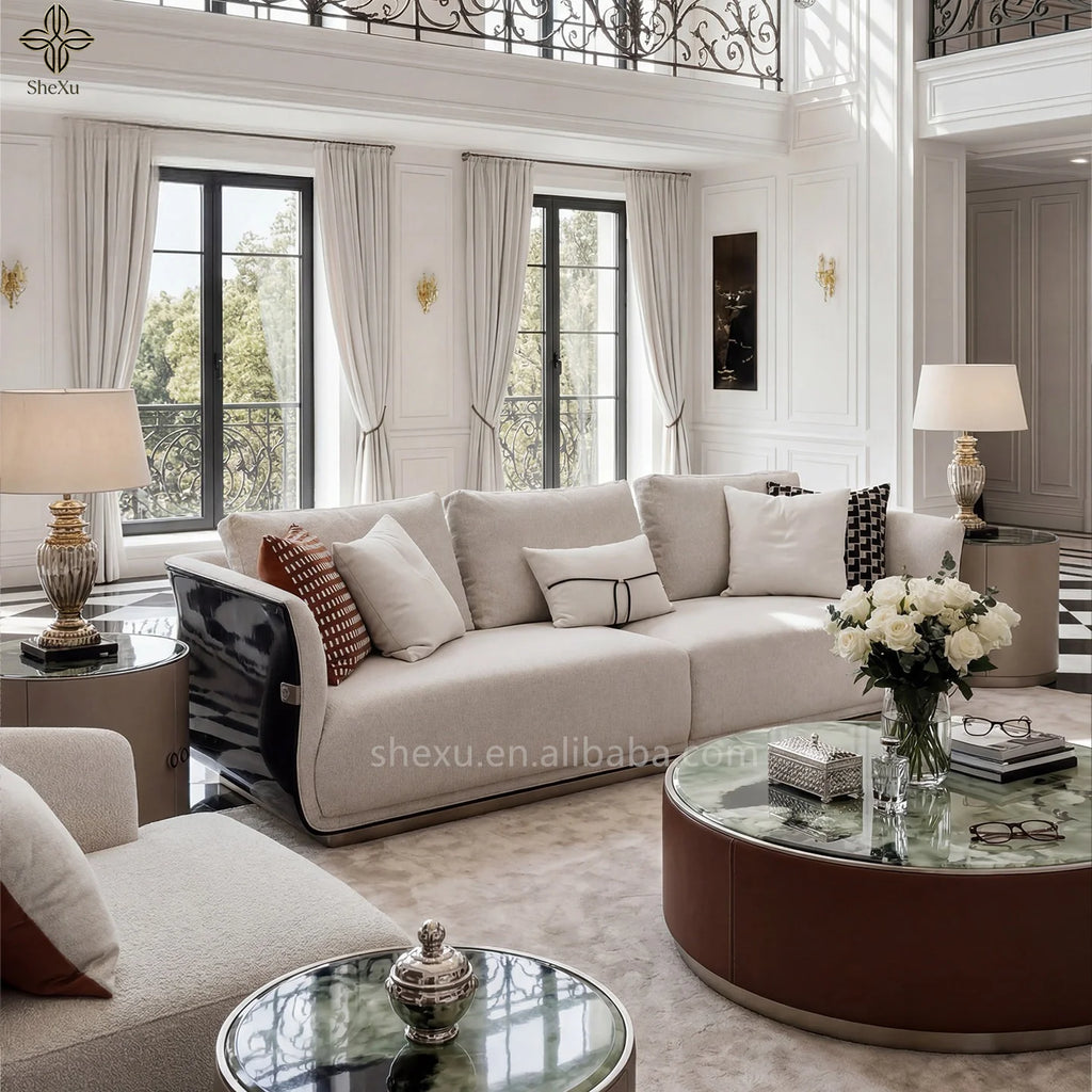 Luxurious fabric sofa set for villa, showcasing elegance and comfort in a stylish living room setting.