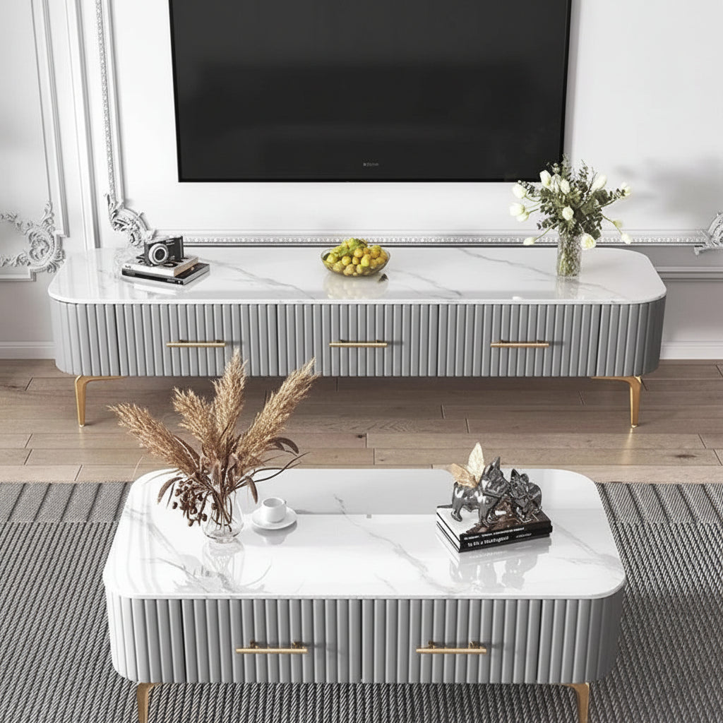 Modern living room with a white marble coffee table and TV stand, featuring Waylon Furniture branding.
