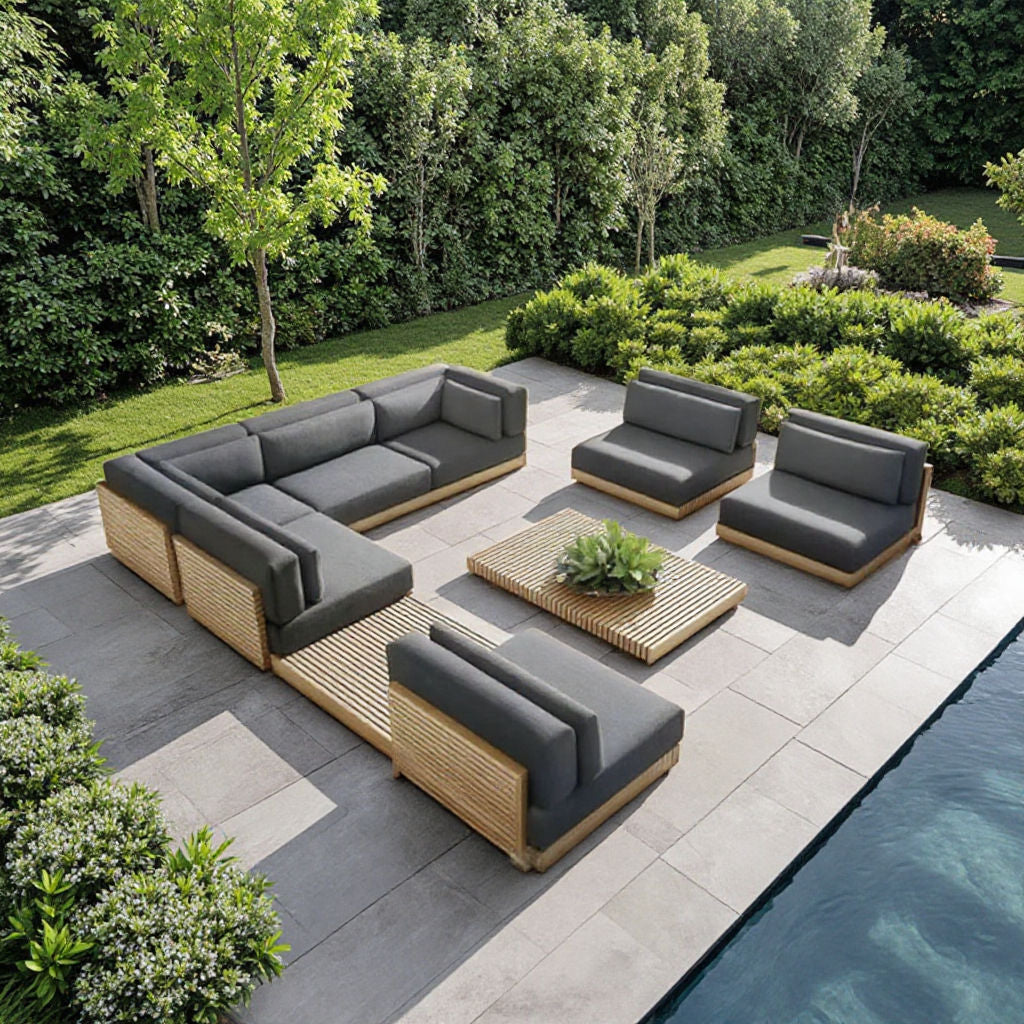 Solid Wood Teak Outdoor L-Shape Sectional Sofa Set