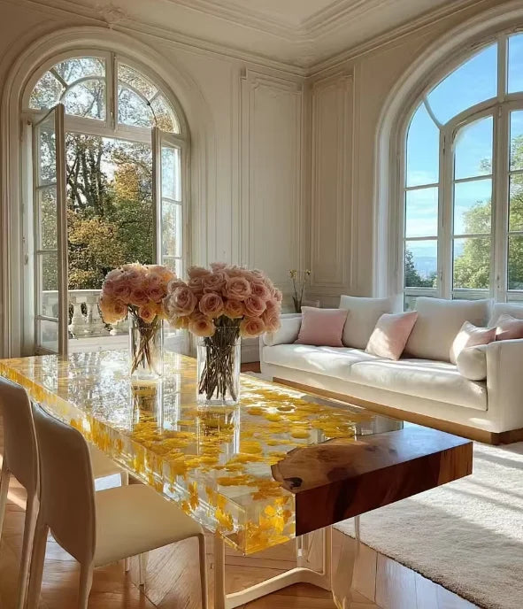 A luxury dining room featuring a rectangular table with a glossy, transparent yellow resin top and a natural wood live edge. The table is styled with pink rose bouquets and is surrounded by cream-colored chairs.