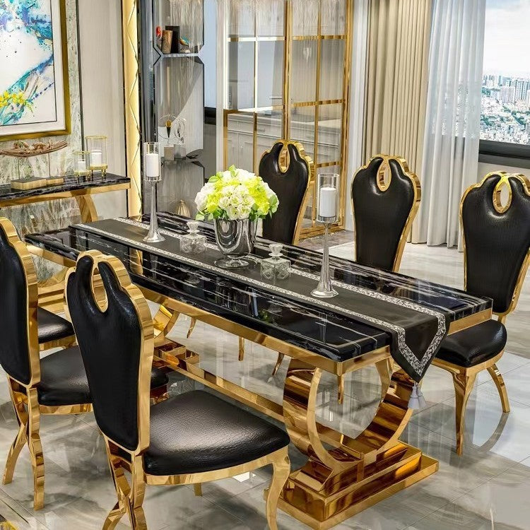 Marble & Stainless Steel Rectangular Dining Table Set