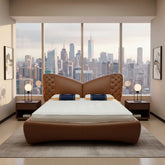 Modern bedroom with a large bed, nightstands, and city skyline view.