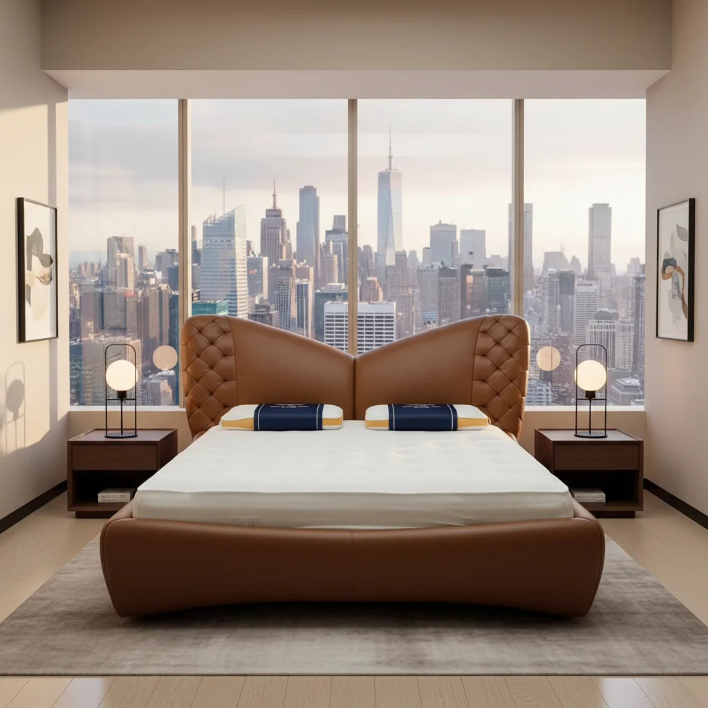 Luxury upholstered storage bed with massage in a modern bedroom with city skyline views.