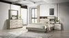 Modern bedroom set with platform bed and dresser featuring two-tone beige and brown finishes.
