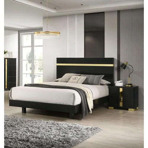Modern king bedroom set with LED lighting featuring a black and gold color scheme and sleek nightstands.