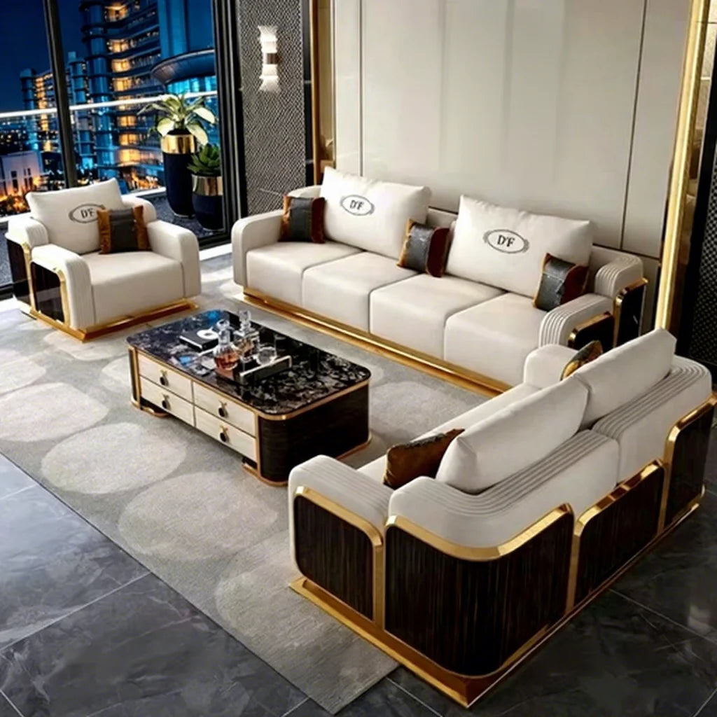 Contemporary villa sofa set in white faux leather with gold metal frame and wood veneer accents.