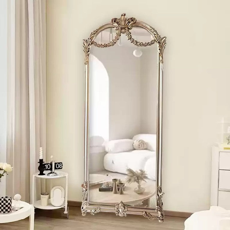 Antique French Arched Wooden Floor Mirror