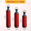 Size chart for rustic fire-finished metal vases showing dimensions of the three red vases in inches.