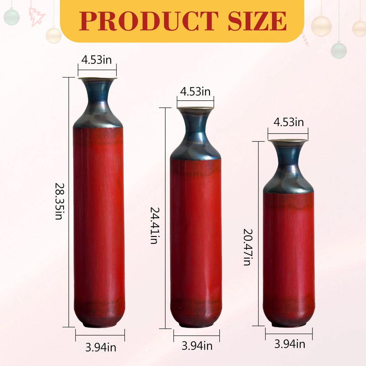 Size chart for rustic fire-finished metal vases showing dimensions of the three red vases in inches.