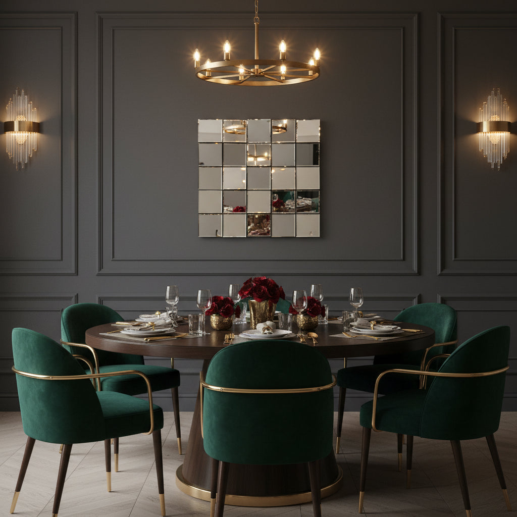 Decorative mirror with geometric design in a dining room setting with wall sconces on a gray wall